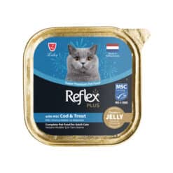 ووم گربه رفلکس پلاس با طعم ماهی کاد و قزل‌آلا در ژله Reflex Plus Super Premium with Cod & Trout In Jelly وزن 85 گرم
