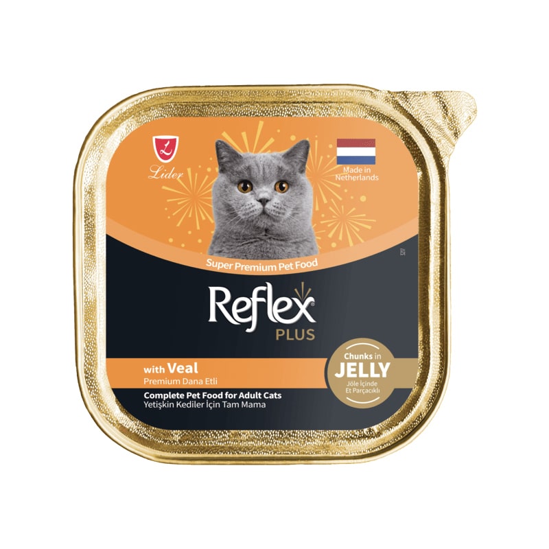 ووم گربه رفلکس پلاس با طعم گوشت گوساله در ژله Reflex Plus Super Premium with Veal In Jelly وزن 85 گرم