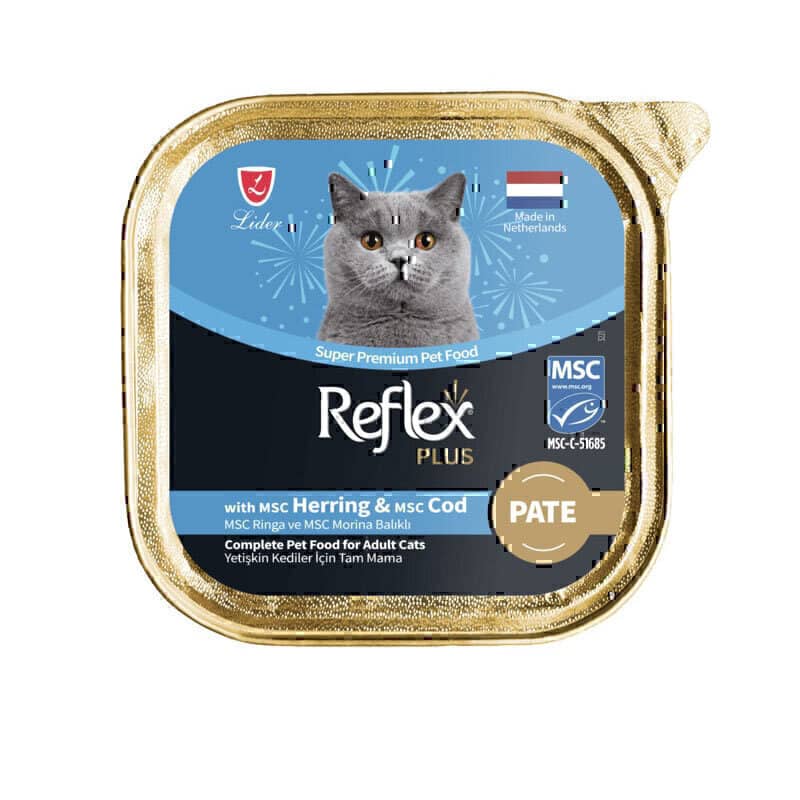 ووم گربه رفلکس پلاس پته با طعم شاه ماهی و ماهی کاد Reflex Plus Pate Cat Food With Herring & Cod وزن ۸۵ گرم