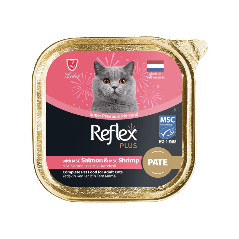 ووم گربه رفلکس پلاس پته با طعم ماهی سالمون و میگو Reflex Plus Super Premium with Salmon & Shrimp Pate وزن 85 گرم