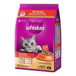 غذای خشک گربه ویسکاس مدل تقویت پوست و مو با طعم مرغ و ماهی سالمون Whiskas Skin and Coat وزن 1.1 کیلوگرم
